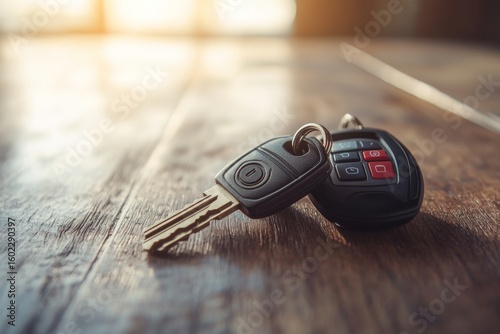 A car key with a key fob lies on a wooden table with a sunlit background.