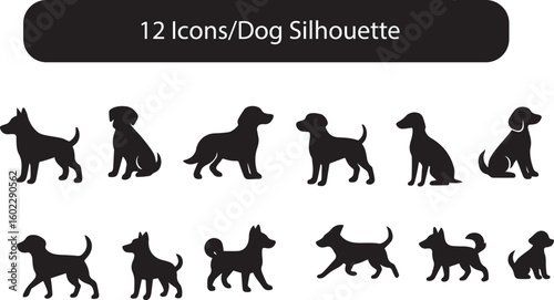 Dog Silhouette Icon Pack – 12 Unique Vector Designs of Pet Poses for Minimalist and Animal Projects