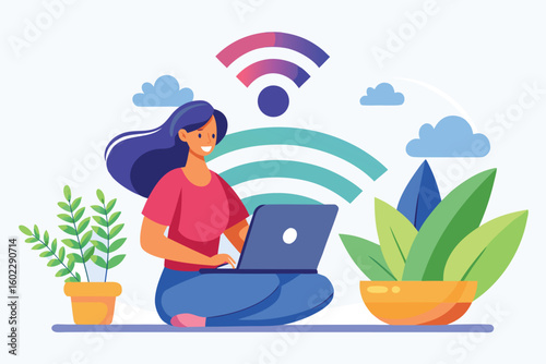 Woman working on laptop in a cozy indoor setting, surrounded by plants and a strong Wi-Fi signal in the background for a productive home office vibe