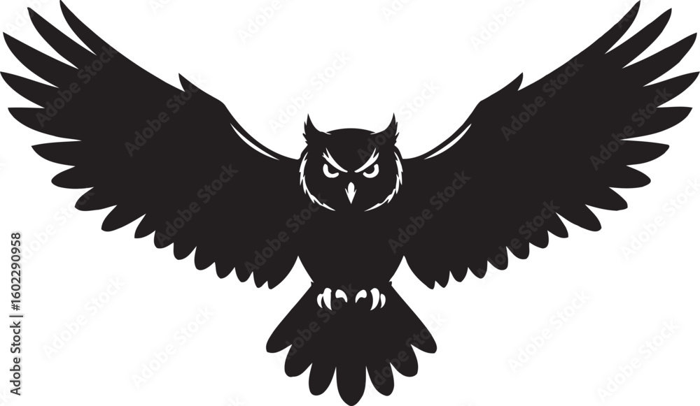 Obraz premium Silhouette of a powerful owl in flight, showcasing its wide wings and fierce gaze.