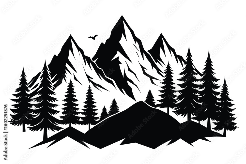 Obraz premium Majestic mountain range with tall pine trees and a serene landscape showcasing nature's beauty at dusk