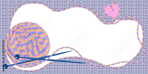Background with multi-colored ball of yarn and knitting needles.