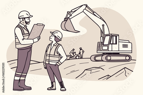 Construction site interaction between a supervisor and a young worker on a project near heavy machinery during daylight hours