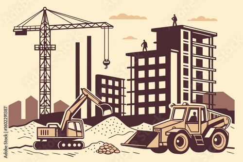 Construction site bustling with activity featuring heavy machinery and workers engaged in building a new structure during daylight hours in an urban area