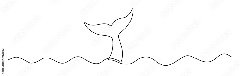 Obraz premium continuous line art of a dolphin's tail visible on the surface of the water.