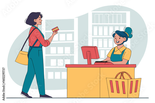 Customer makes a purchase at a vibrant retail store with a friendly cashier at the checkout counter in a modern shopping environment