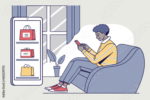 Man browsing online shopping on smartphone while relaxing at home in cozy atmosphere with plants and warm lighting