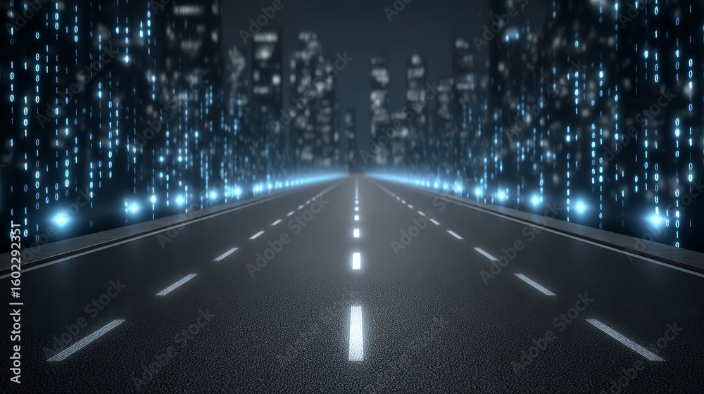 Fototapeta premium Futuristic digital highway with binary code flowing high-speed wireless internet data connection urban night cityscape