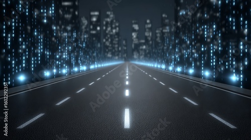 Futuristic digital highway with binary code flowing high-speed wireless internet data connection urban night cityscape