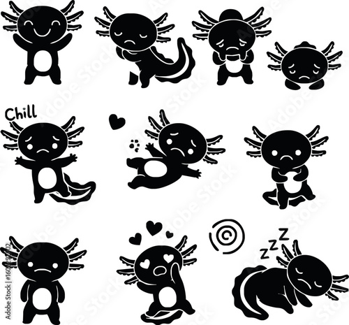 Silhouette illustrations of various axolotl characters displaying different emotions and poses.