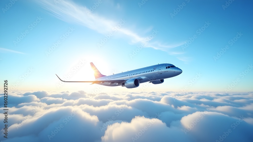 Obraz premium Passenger airplane flying at high altitude above a sea of clouds. Commercial jet soaring in the sunny blue sky on a journey.