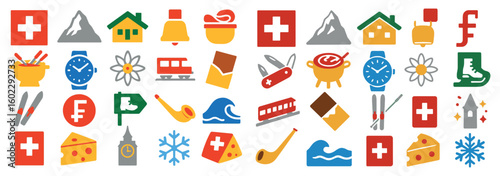 Swiss National Day Icons Set with Culture, Food, and Alpine Symbols