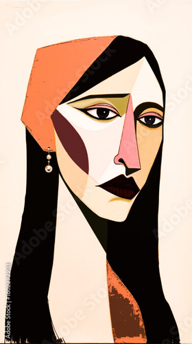Stylized portrait of a woman with dark hair wearing a head covering and a dangling earring piece