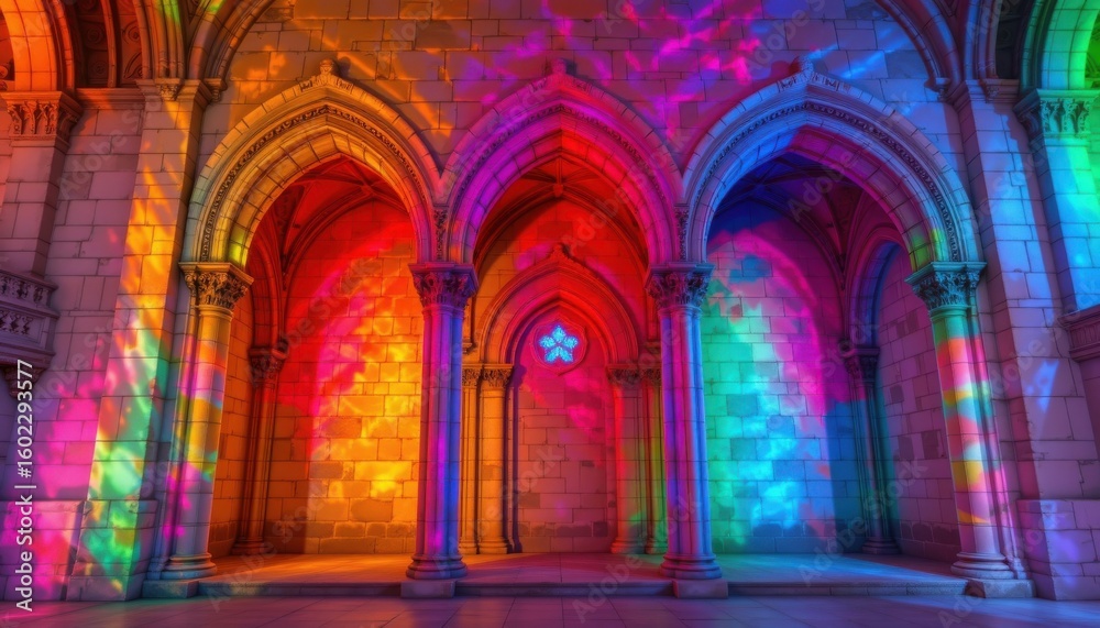 Obraz premium a cultural architectural lgbt pride background featuring gothic cathedral arches in rainbow lighting, on polished sandstone walls with soft rainbow overlays, used in unity themed pride murals.