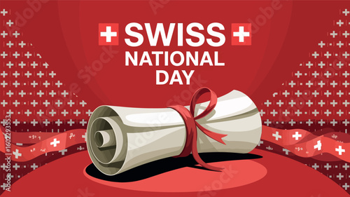 Swiss National Day Scroll and Flag Illustration Celebrating Swiss Declaration