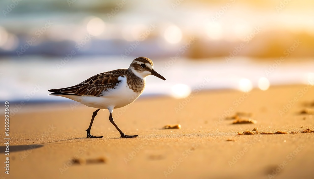 Obraz premium Coastal Serenity: A Sandpiper's Tranquil Stroll on a Golden Beach at Sunset