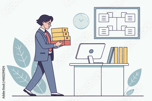 Office worker carrying files to the desk while managing organization tasks in a modern workspace during daytime
