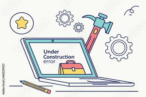 Website under construction illustration featuring a laptop, tools, and gears highlighting technical issues related to site development