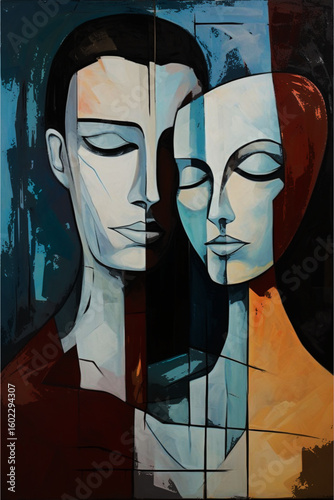 Abstract portrait of two faces with closed eyes in shades of blue and red color palette art style