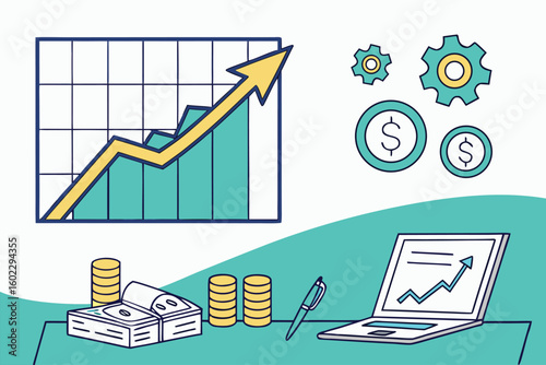Financial growth analysis with charts, tools, and cash representing investment opportunities and market trends during a business meeting