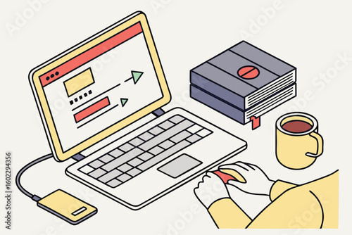 Laptop setup with colorful elements, notebook, and cup of tea on a minimalist desk, depicting a productive work or study session at home or in a cozy office environment