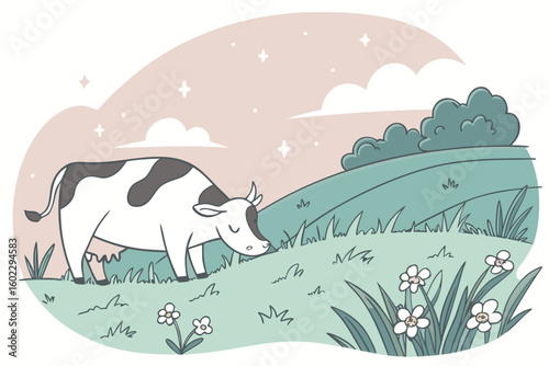 Cow grazing peacefully in a scenic meadow with flowers and hills during a serene afternoon under a pastel sky