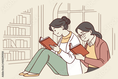 Two young women enjoying reading books together in a cozy library environment during daylight hours, surrounded by shelves filled with various literature