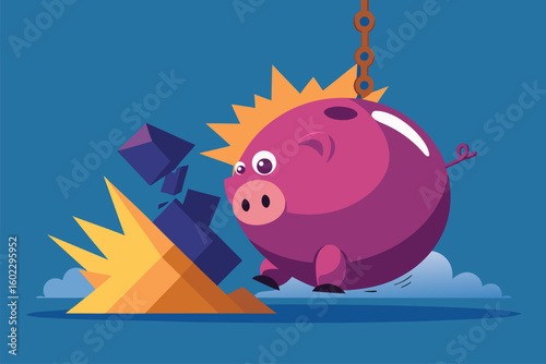 Wrecking ball with a piggy bank swinging towards a pile of colorful blocks at a dynamic angle in a cartoon style setting