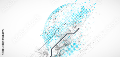Abstract technology concept. Used blue squares, tech lines and plexus effect. Vector illustration.