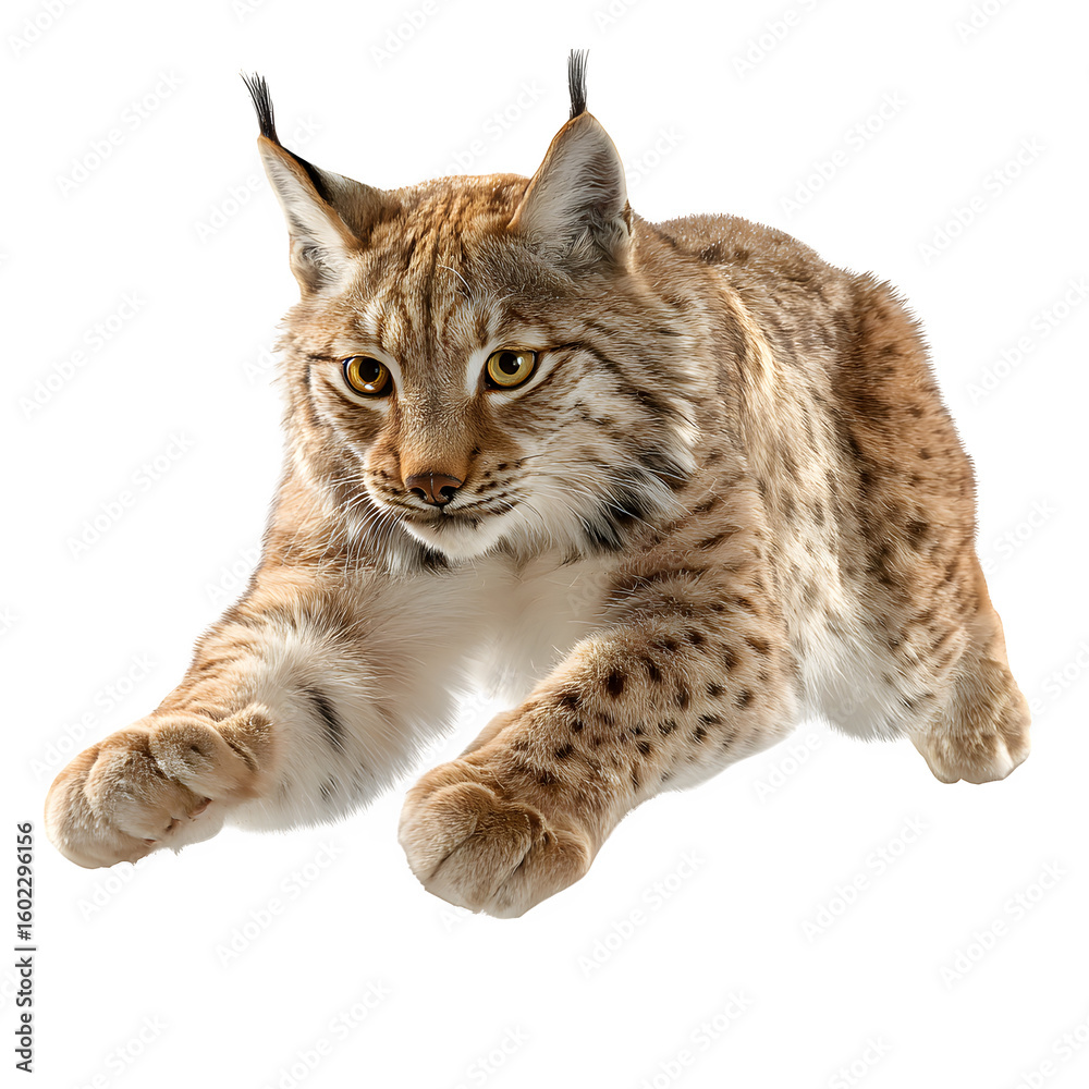 Obraz premium Lynx in dynamic jumping pose and wild feline with spotted fur and tufted ears and frozen in midair and isolated white background Batch realistic clean bright simple modern stock image isolated on 