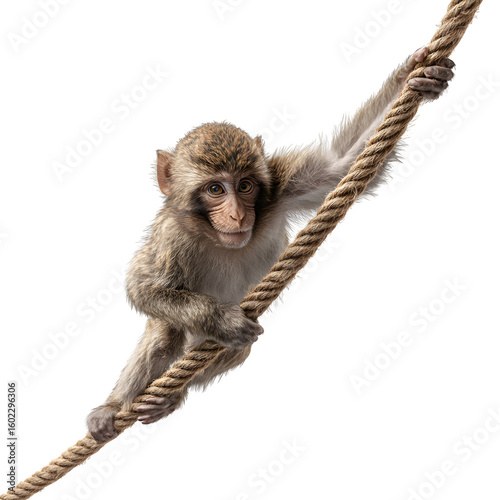 Macaque monkey swinging on a rope mid-motion and  playful face and agile limbs and  realistic fur detail and  isolated white background Batch  realistic clean bright simple modern stock image isolated
