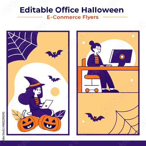 Editable halloween office flyers featuring a witch and a person working on a computer perfect for e commerce promotions