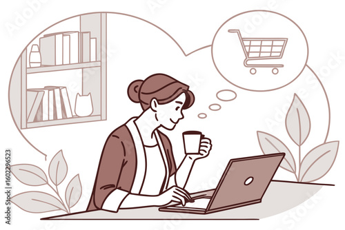 Woman enjoying coffee while shopping online at home, surrounded by plants and a bookshelf in the background, conveying a cozy and relaxed atmosphere during the day
