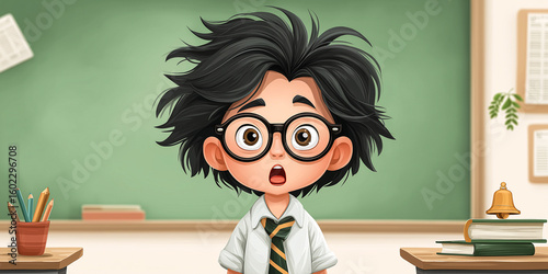 Shocked Pupil in Classroom: An illustration of a surprised pupil, sporting spectacles and disheveled hair, standing in a quaint classroom. Witness the innocent perplexity in his wide eyes. 