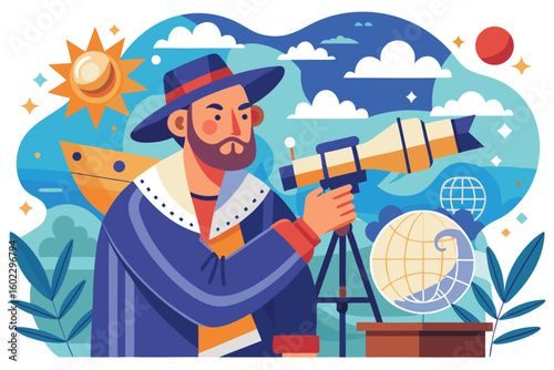 Exploration of the cosmos by a historical figure using a telescope in a vibrant landscape with celestial elements