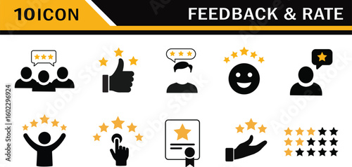 Feedback and Review Icon Set. Customer Rating, Five, Star, rating icon vector illustration.