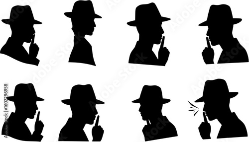 vector silhouette of a man in a hat shows a finger sign to be silent on a white background .Generative AI
