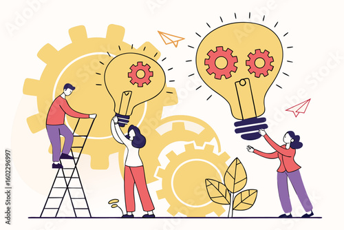 Collaboration in innovation with light bulbs symbolizing ideas, gears representing engineering, and teamwork being showcased in a creative workspace