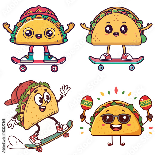 Cute Cartoon Taco Characters Mascot Set