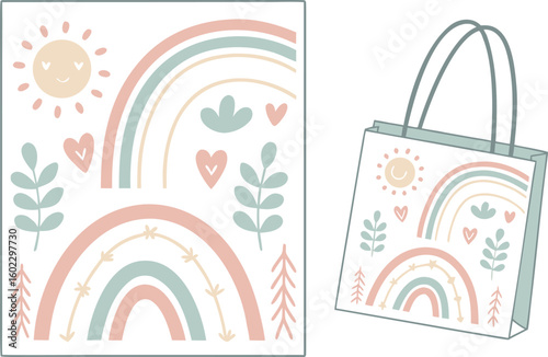 Boho rainbow and sun design with cute elements for a tote bag and decorative print