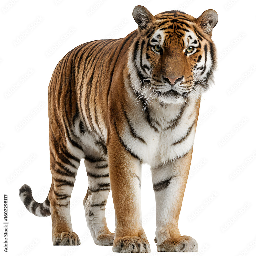 Obraz premium Majestic tiger standing on all fours and proud and alert and high-contrast wildlife portrait and isolated white background Batch realistic clean bright simple modern stock image isolated on plain 