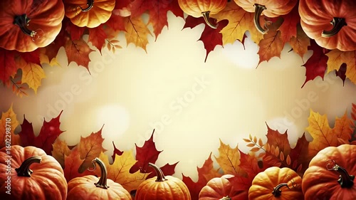A beautiful autumn harvest background featuring a decorative frame of vibrant orange pumpkins and colorful fall leaves on a glowing, warm backdrop.