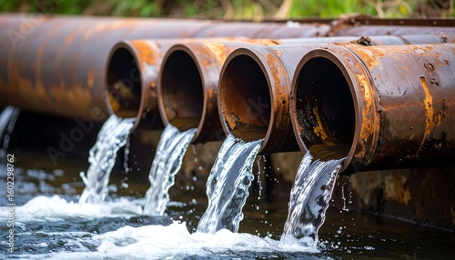 Contaminated water flowing from rusty pipes causing environmental pollution and damage