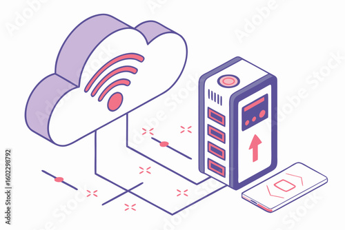 Cloud storage connection facilitates data transfer between server and smartphone in a modern tech environment