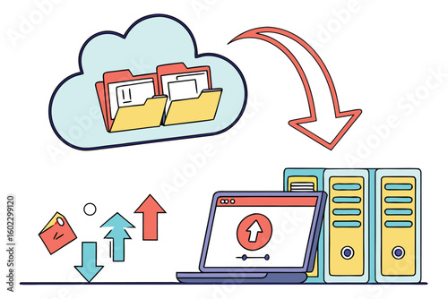 Cloud storage concept with data upload and folder management illustrated in colorful graphics showing technology and organization