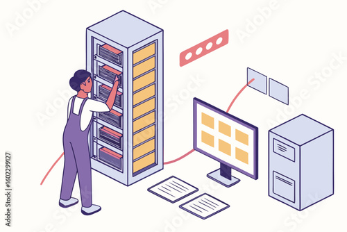 Technician organizing data storage in a server room with computer displays and files in a modern workspace environment