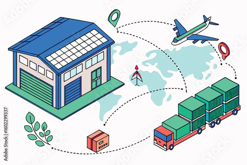 Global logistics network illustration showcasing shipping, warehouse operations, and transportation modes with a focus on efficiency and sustainability