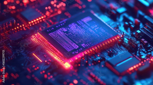 Close up view of a computer chip with red and blue lighting highlighting the intricate circuitry details