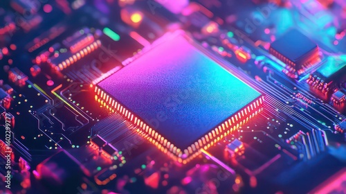 A close up of a colorful computer chip on a circuit board with vibrant neon lighting effects around it