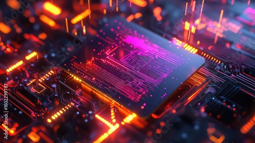 Close up of a glowing circuit board with orange and pink lights and intricate design patterns visible
